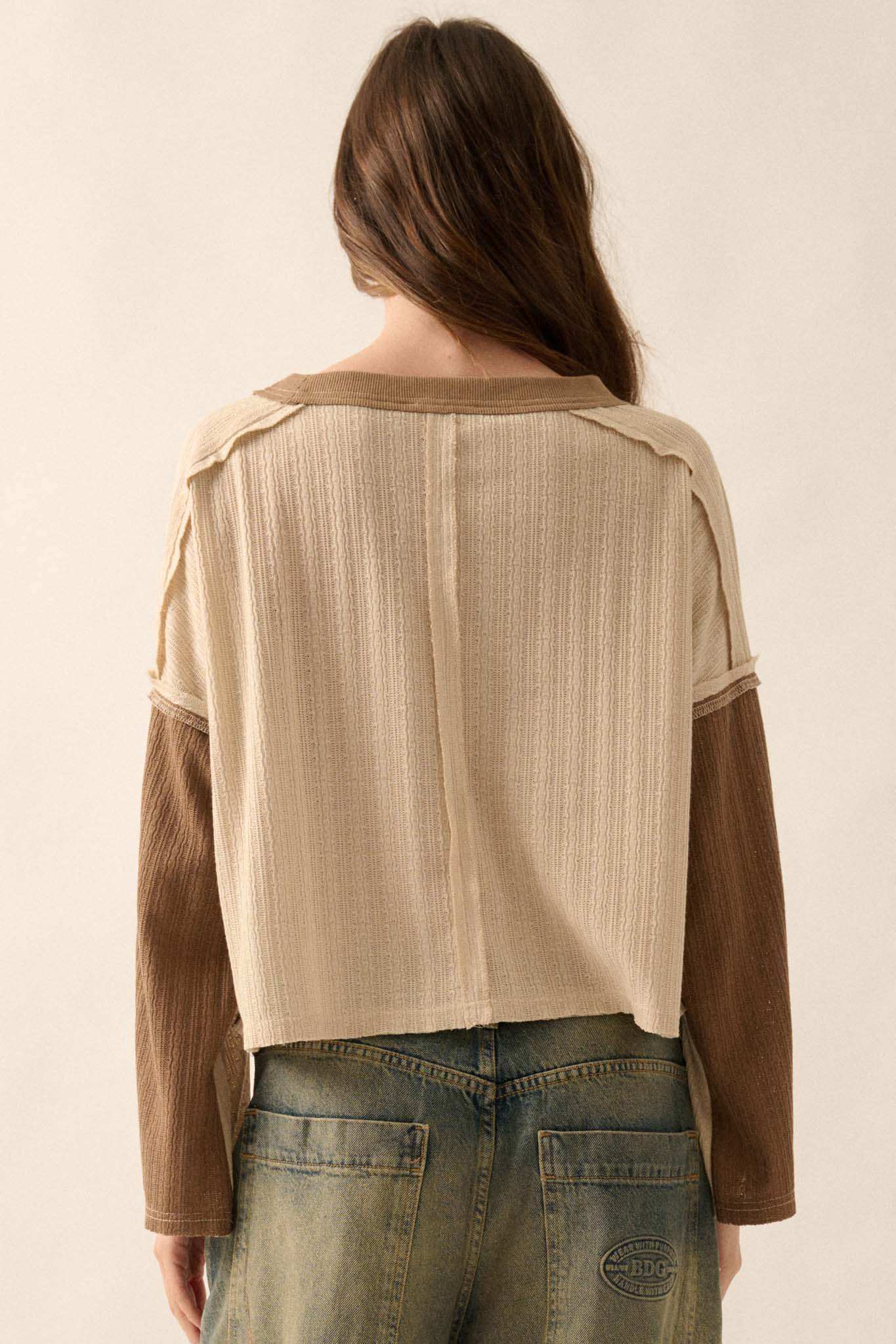 Block Party Exposed-Seam Patchwork Knit Top