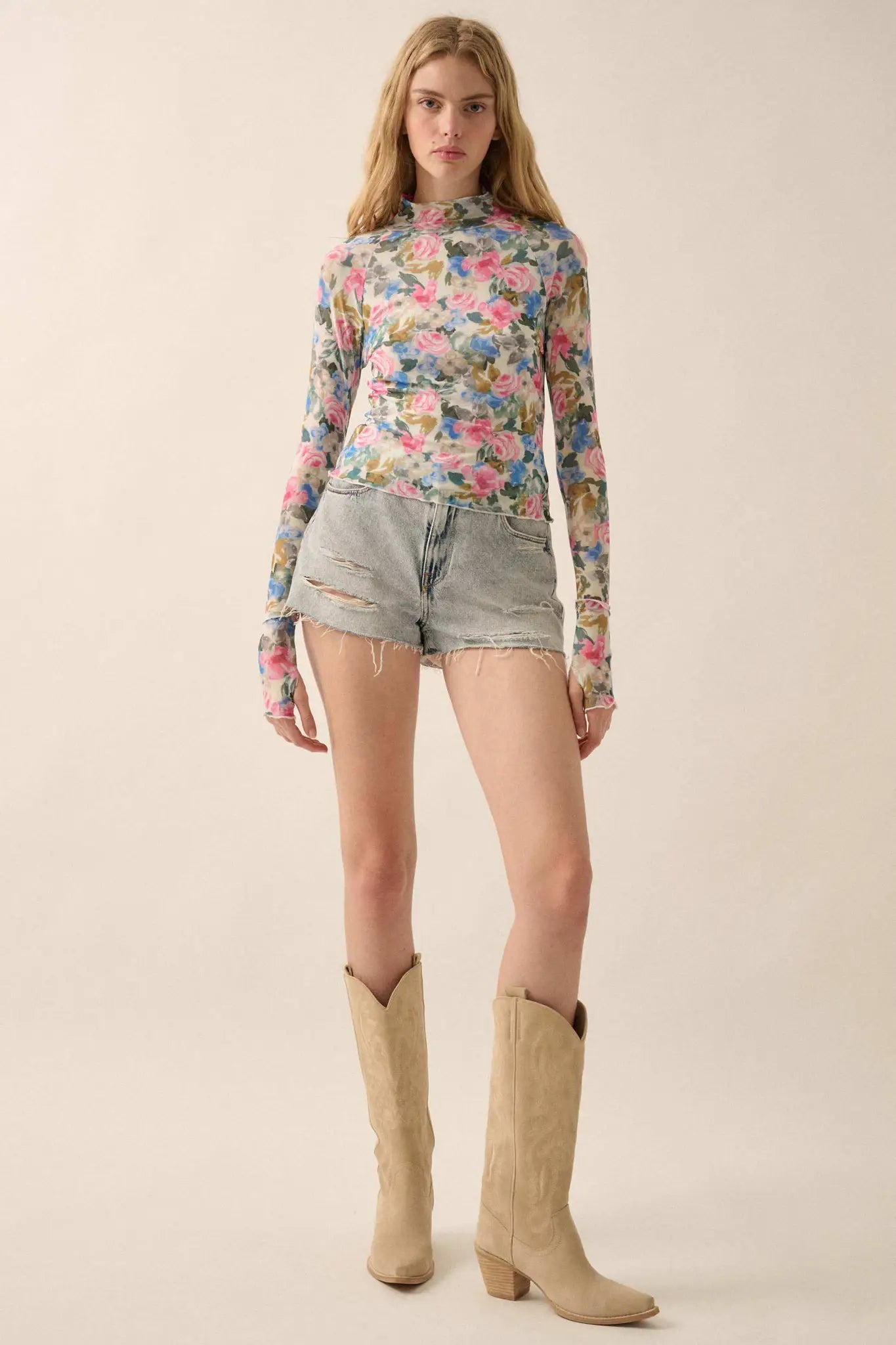 Fresh Picked Floral Mesh Mock-Neck Thumbhole Top