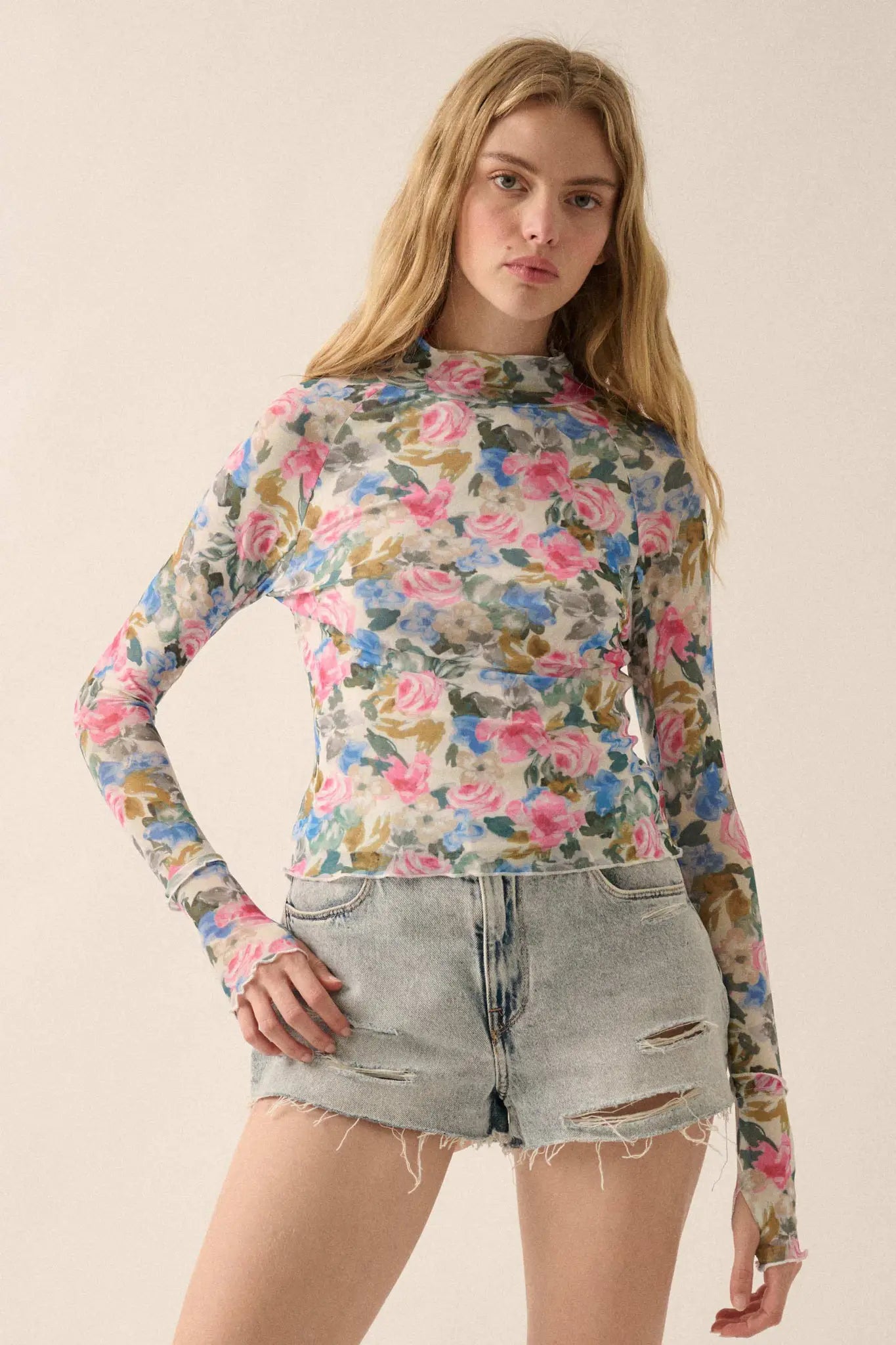 Fresh Picked Floral Mesh Mock-Neck Thumbhole Top