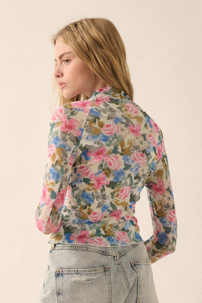 Fresh Picked Floral Mesh Mock-Neck Thumbhole Top