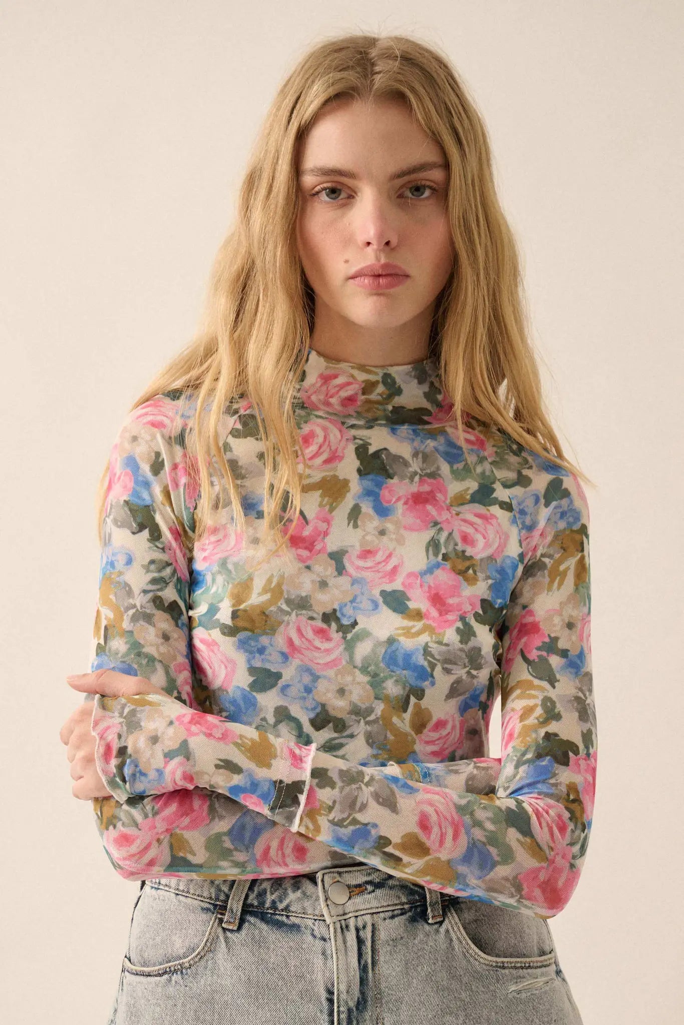 Fresh Picked Floral Mesh Mock-Neck Thumbhole Top
