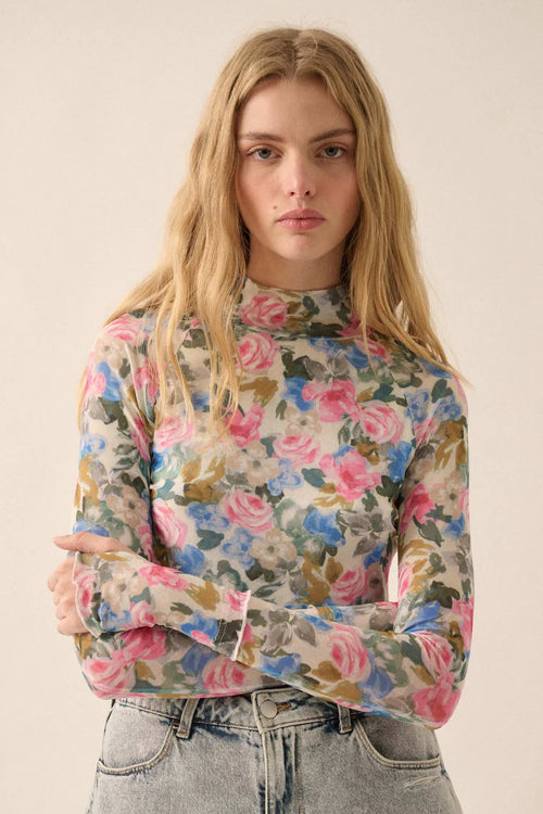 Fresh Picked Floral Mesh Mock-Neck Thumbhole Top