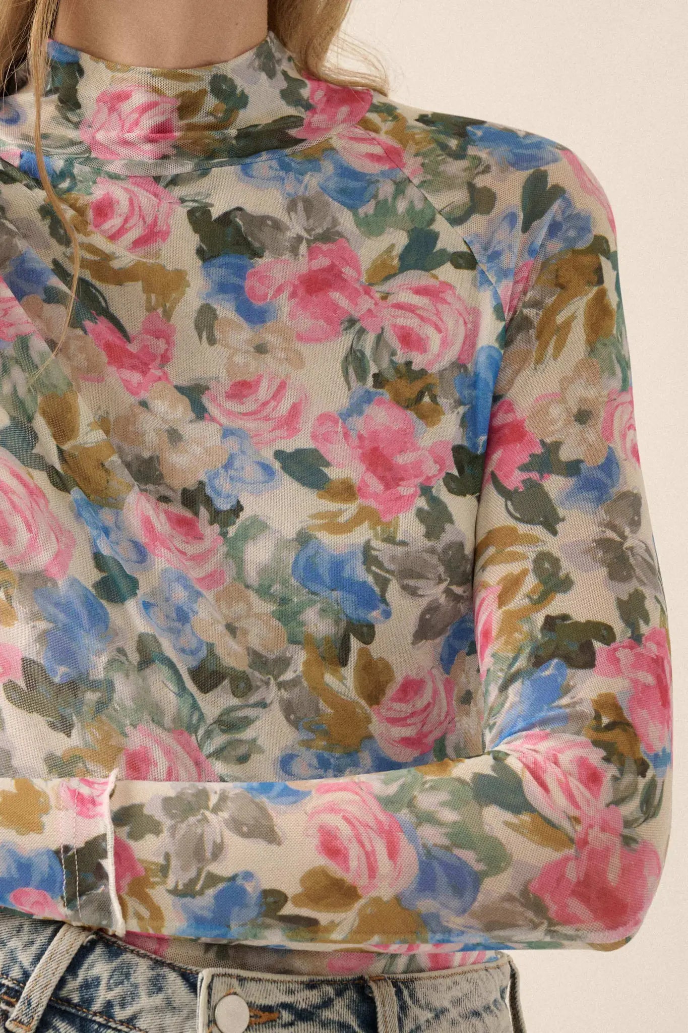 Fresh Picked Floral Mesh Mock-Neck Thumbhole Top