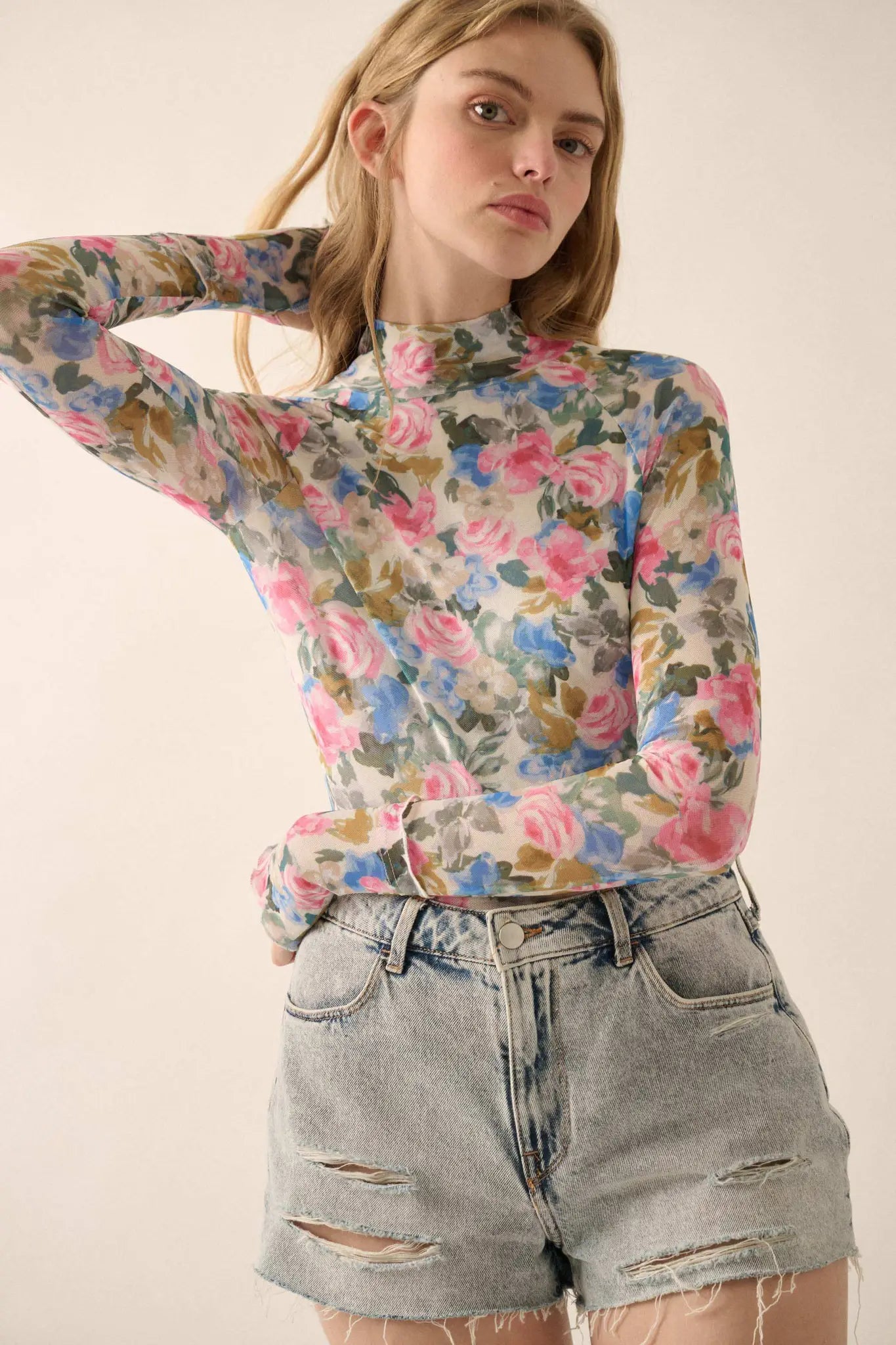 Fresh Picked Floral Mesh Mock-Neck Thumbhole Top