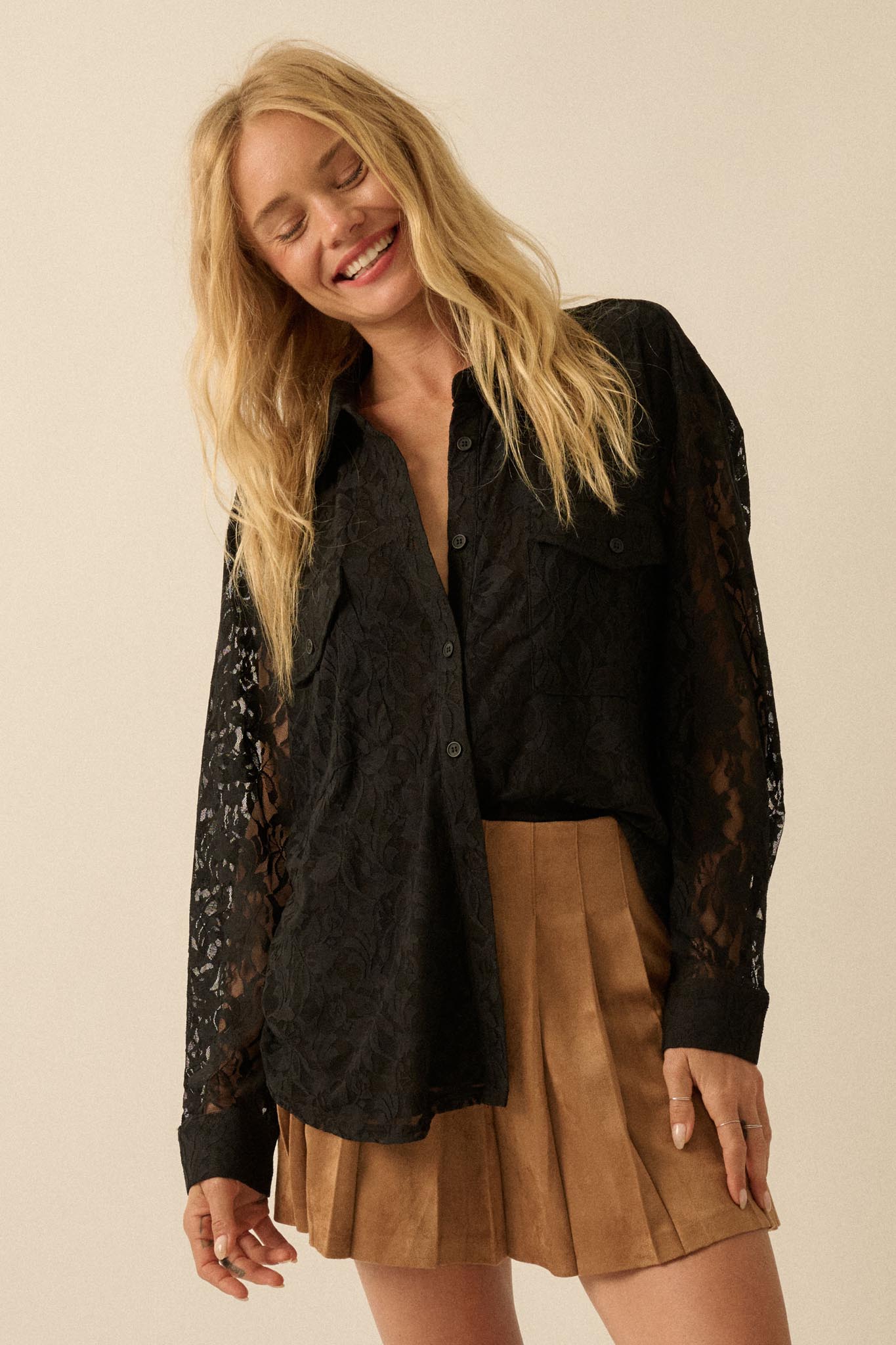 Pure Poetry Floral Lace Button-Up Pocket Shirt