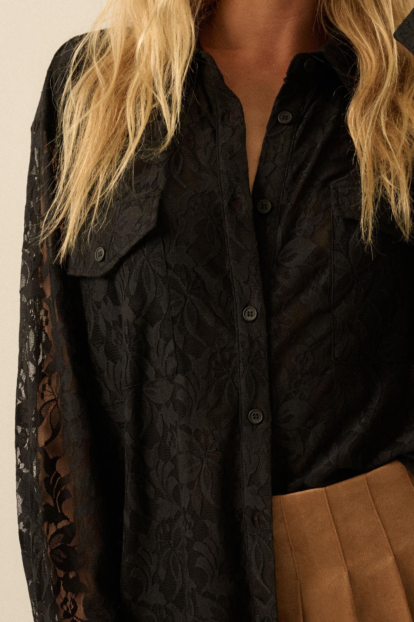 Pure Poetry Floral Lace Button-Up Pocket Shirt