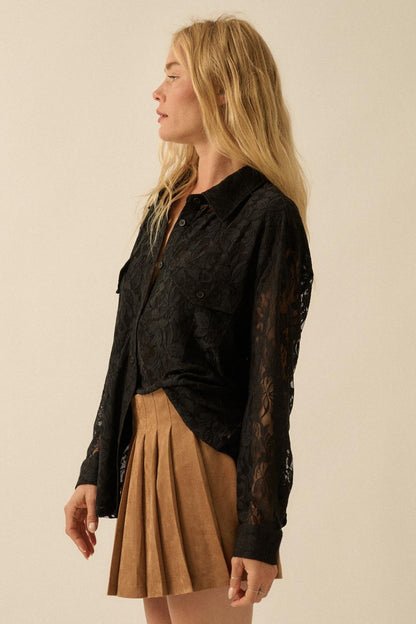 Pure Poetry Floral Lace Button-Up Pocket Shirt