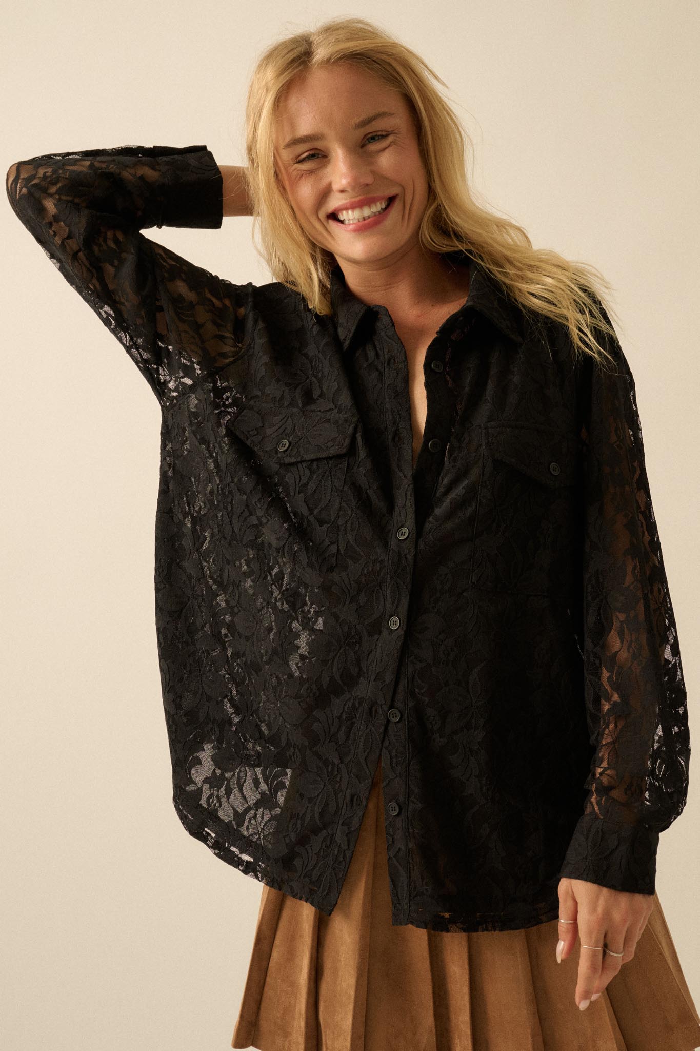Pure Poetry Floral Lace Button-Up Pocket Shirt