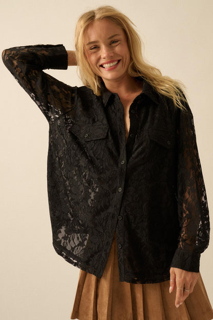 Pure Poetry Floral Lace Button-Up Pocket Shirt