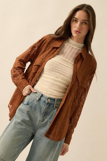 Pure Poetry Floral Lace Button-Up Pocket Shirt