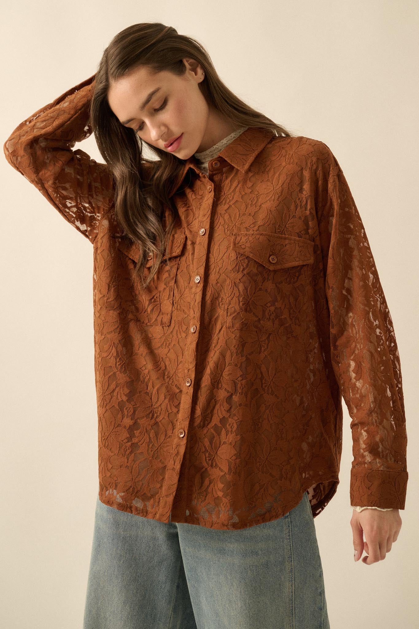 Pure Poetry Floral Lace Button-Up Pocket Shirt