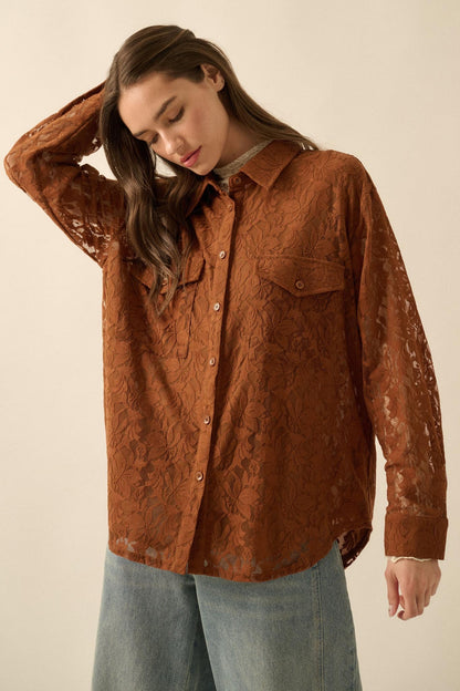 Pure Poetry Floral Lace Button-Up Pocket Shirt