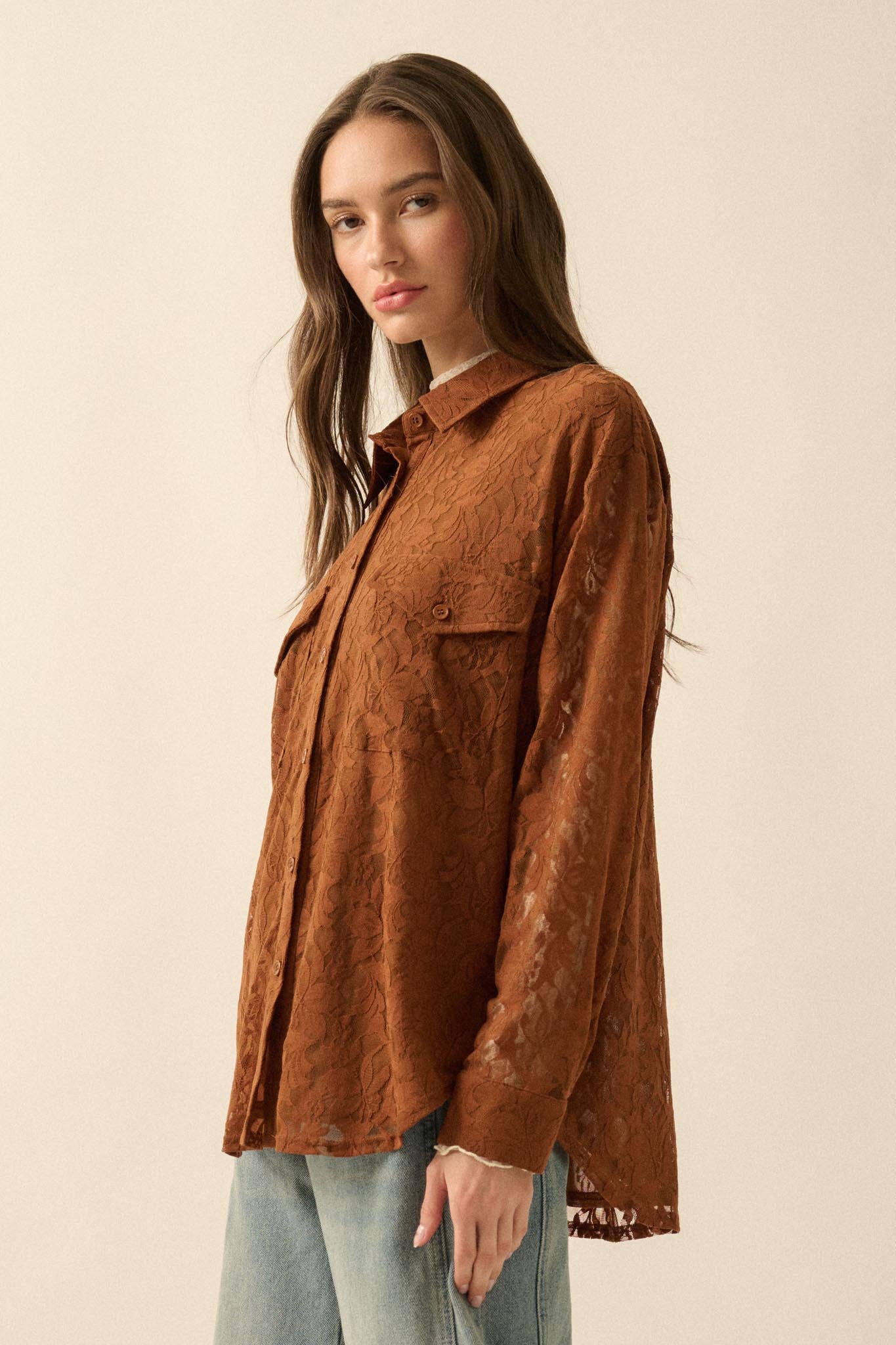 Pure Poetry Floral Lace Button-Up Pocket Shirt