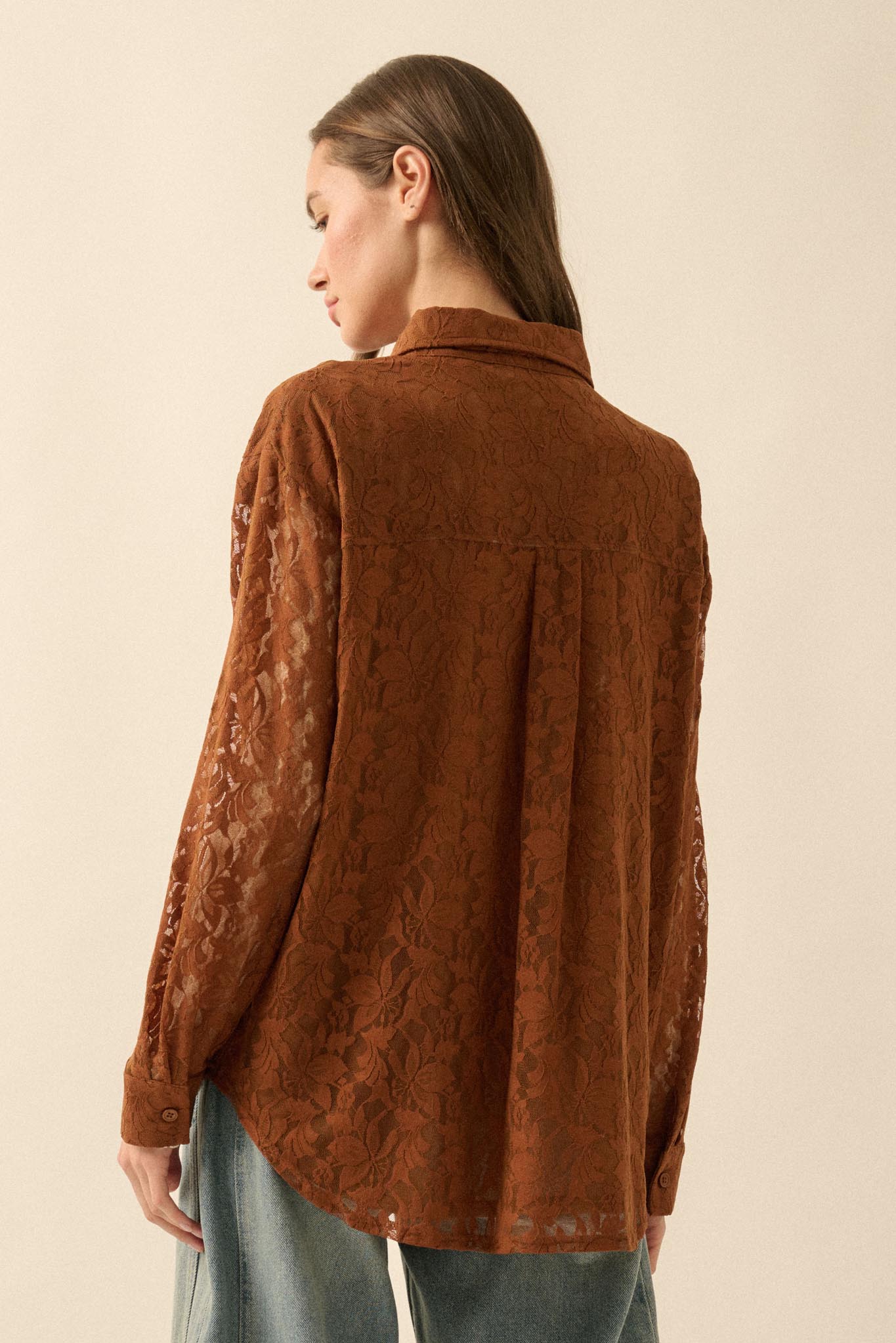 Pure Poetry Floral Lace Button-Up Pocket Shirt