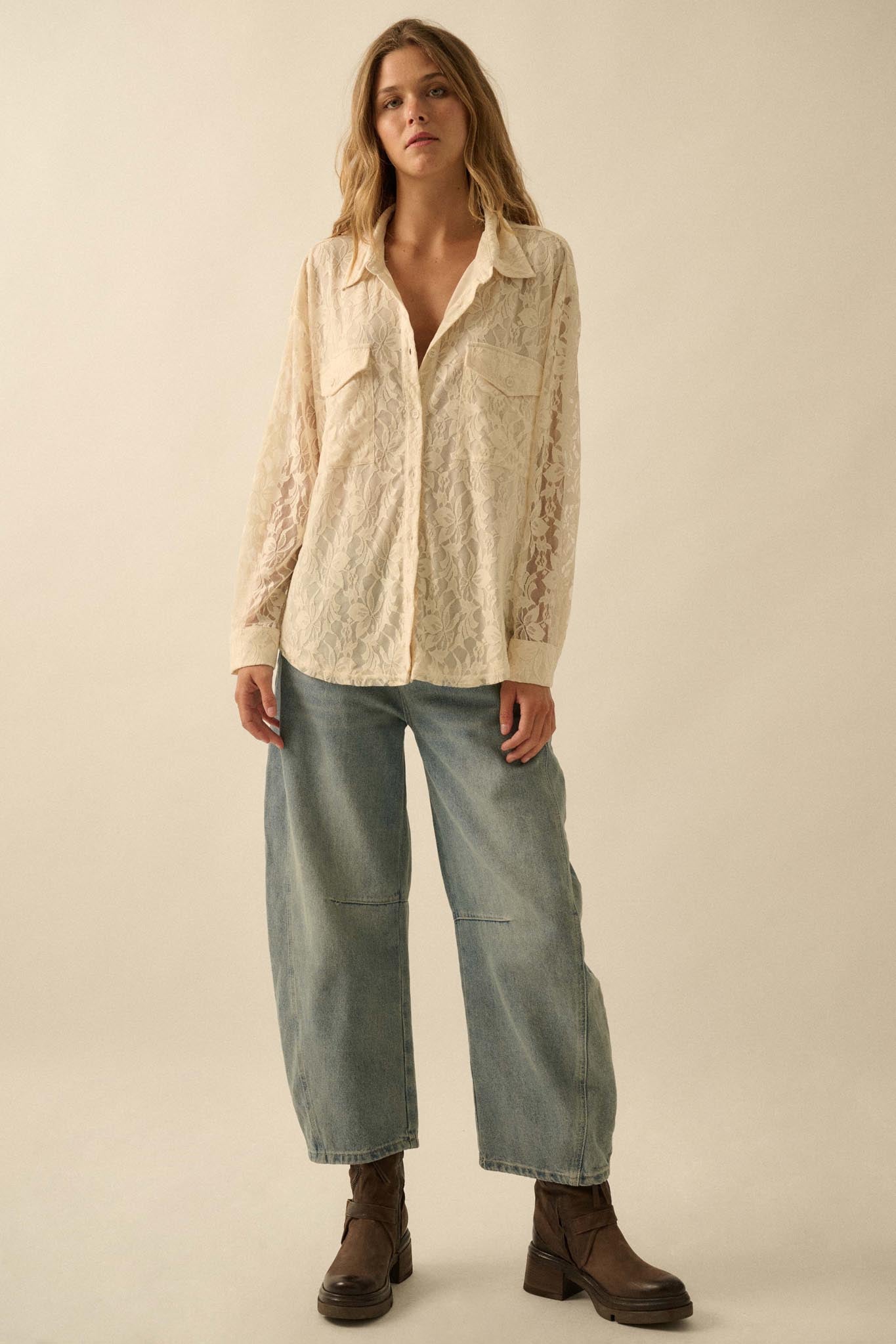 Pure Poetry Floral Lace Button-Up Pocket Shirt