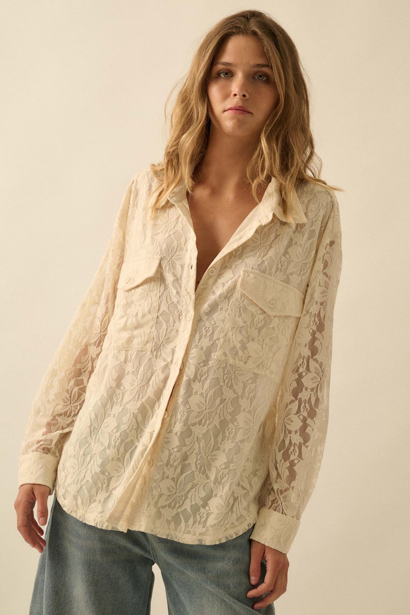 Pure Poetry Floral Lace Button-Up Pocket Shirt