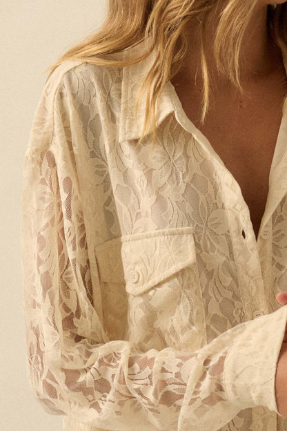 Pure Poetry Floral Lace Button-Up Pocket Shirt