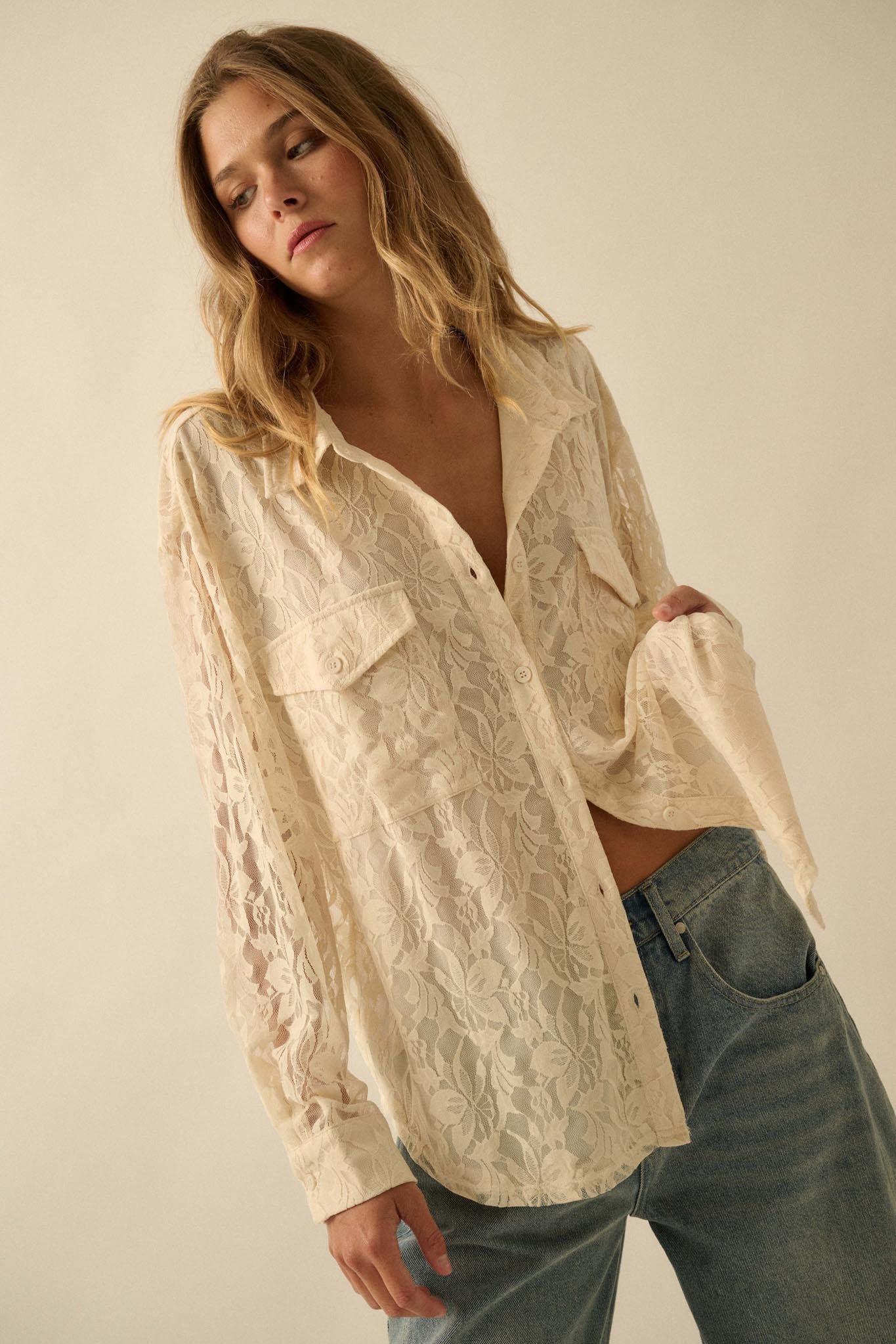 Pure Poetry Floral Lace Button-Up Pocket Shirt