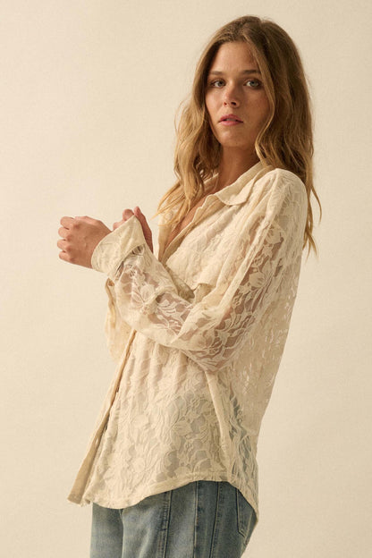 Pure Poetry Floral Lace Button-Up Pocket Shirt