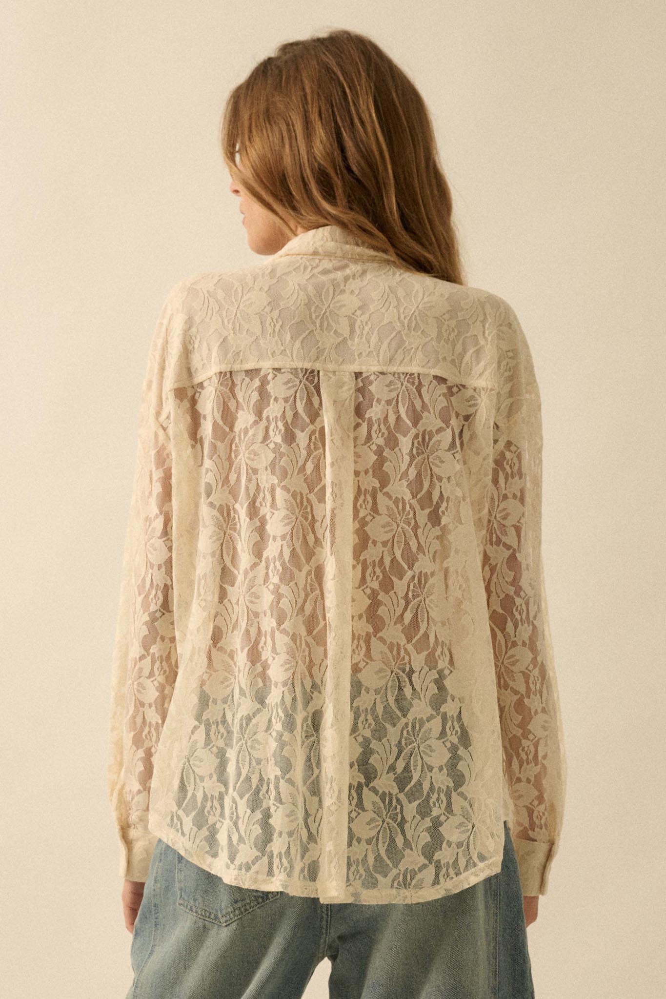 Pure Poetry Floral Lace Button-Up Pocket Shirt