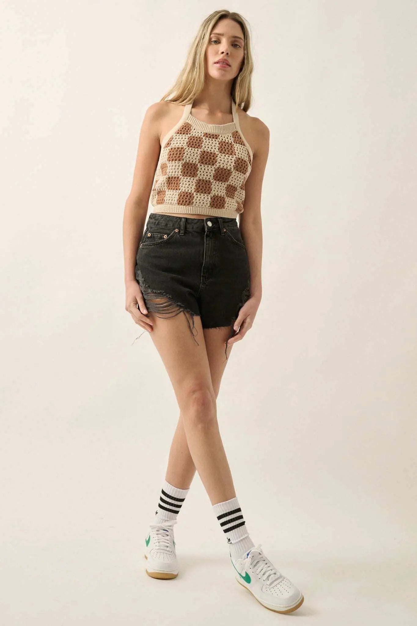 Check Yourself Checker Crochet Knit Halter Top