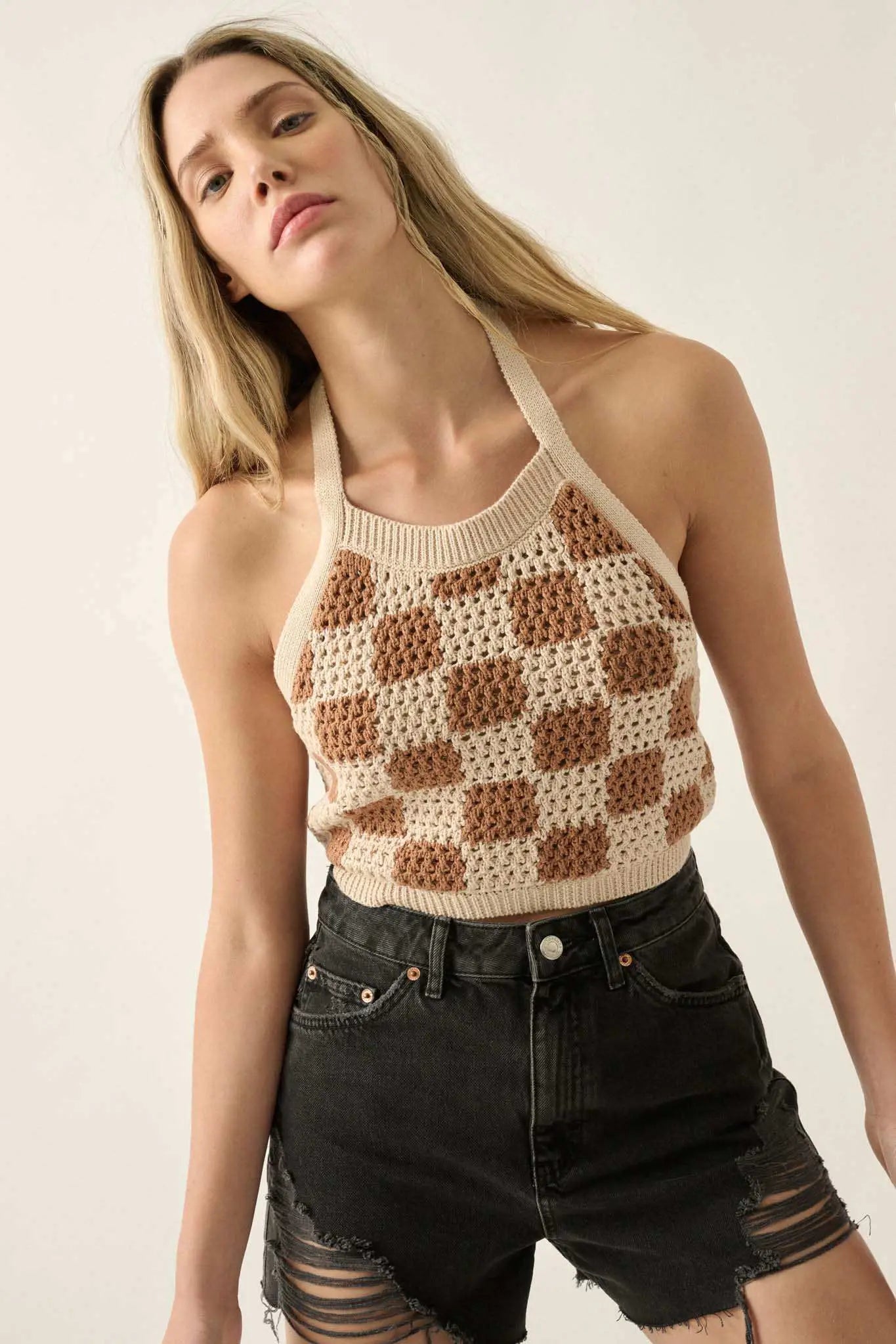 Check Yourself Checker Crochet Knit Halter Top