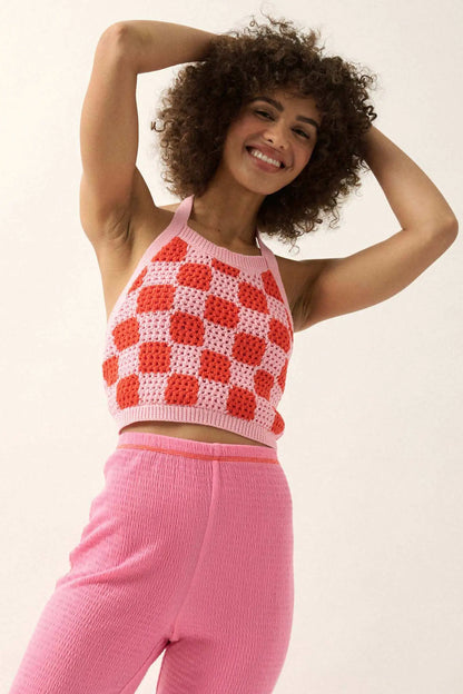 Check Yourself Checker Crochet Knit Halter Top