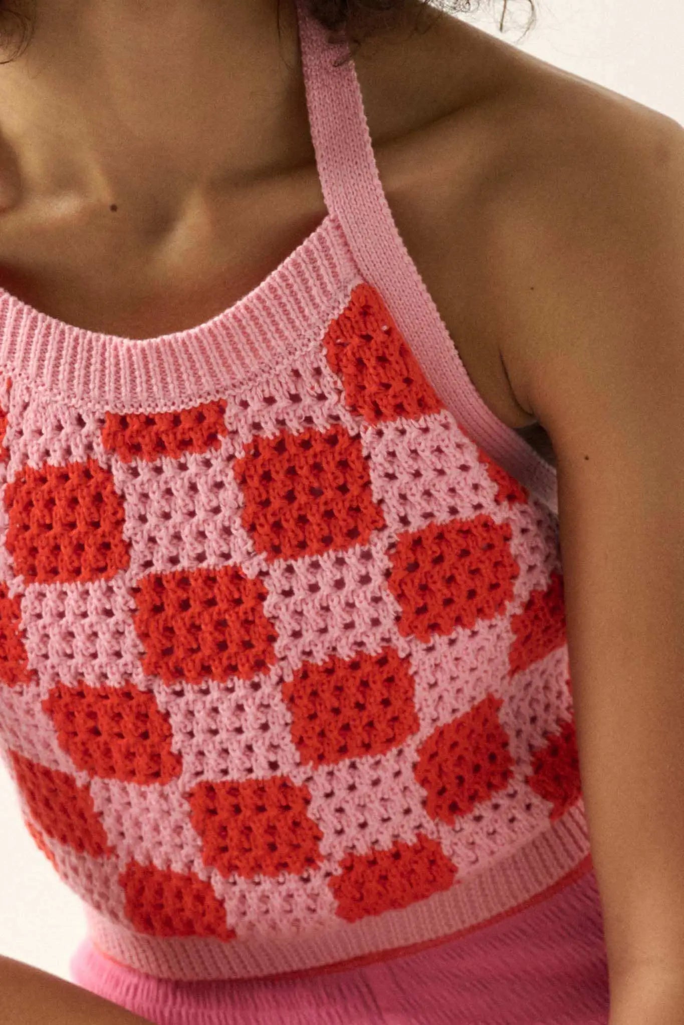 Check Yourself Checker Crochet Knit Halter Top