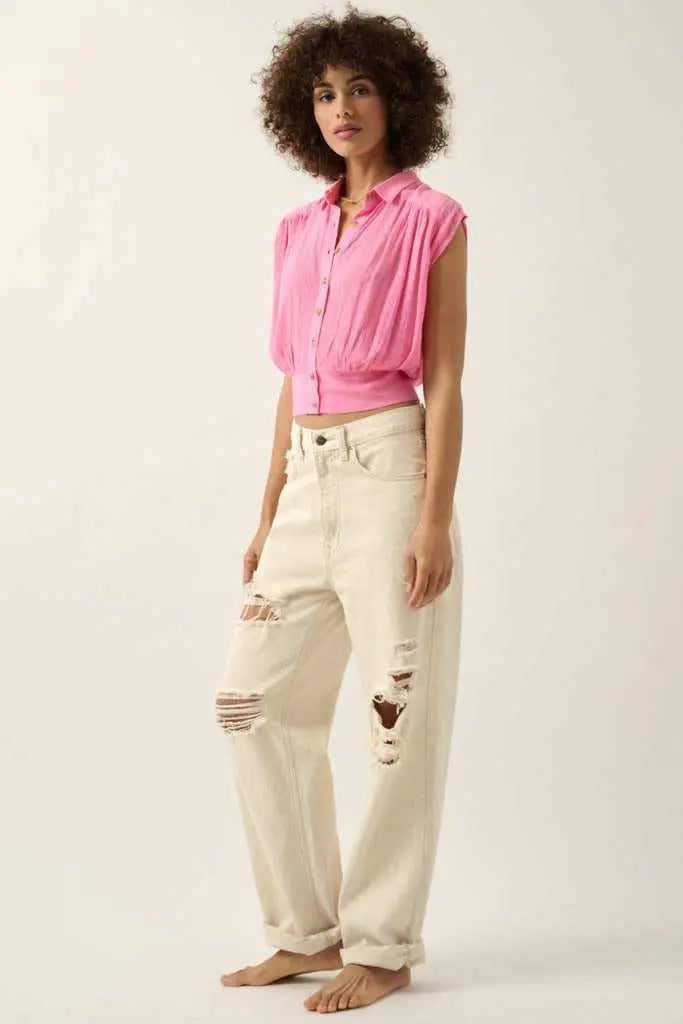 Make My Day Jacquard Sleeveless Button-Up Top