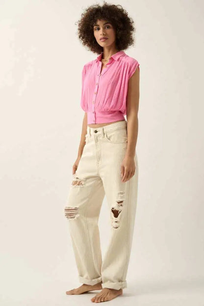 Make My Day Jacquard Sleeveless Button-Up Top