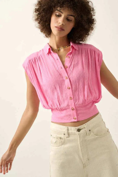 Make My Day Jacquard Sleeveless Button-Up Top