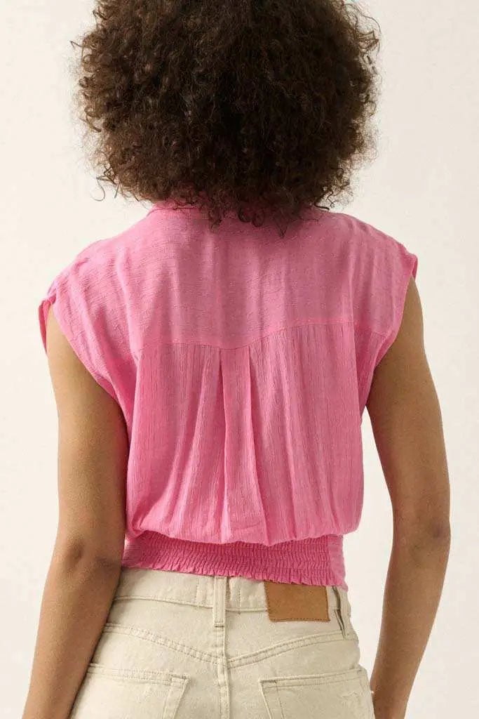 Make My Day Jacquard Sleeveless Button-Up Top