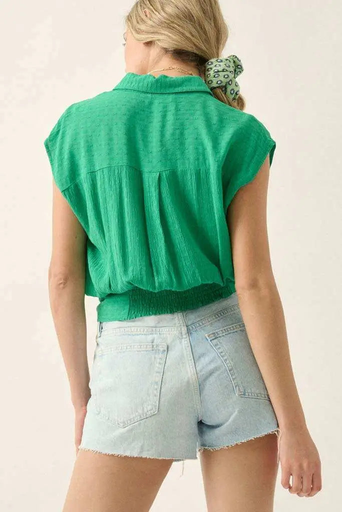 Make My Day Jacquard Sleeveless Button-Up Top