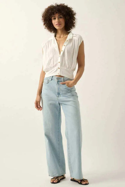 Make My Day Jacquard Sleeveless Button-Up Top