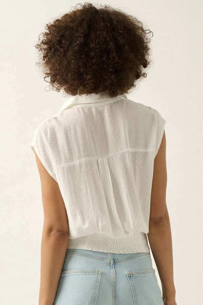 Make My Day Jacquard Sleeveless Button-Up Top