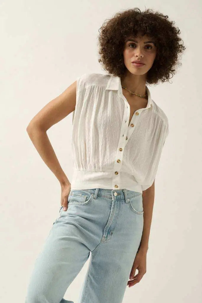 Make My Day Jacquard Sleeveless Button-Up Top
