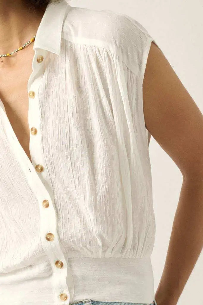 Make My Day Jacquard Sleeveless Button-Up Top