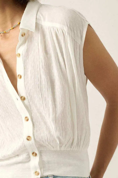 Make My Day Jacquard Sleeveless Button-Up Top