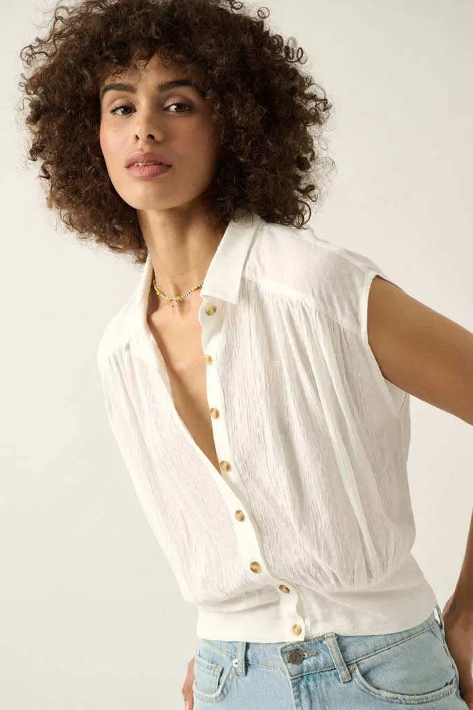 Make My Day Jacquard Sleeveless Button-Up Top