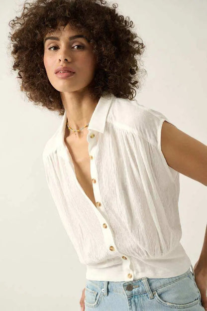 Make My Day Jacquard Sleeveless Button-Up Top