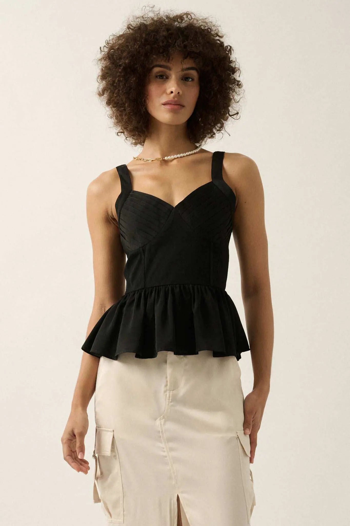 Everyday Elegance Pleated Satin Peplum Cami Top
