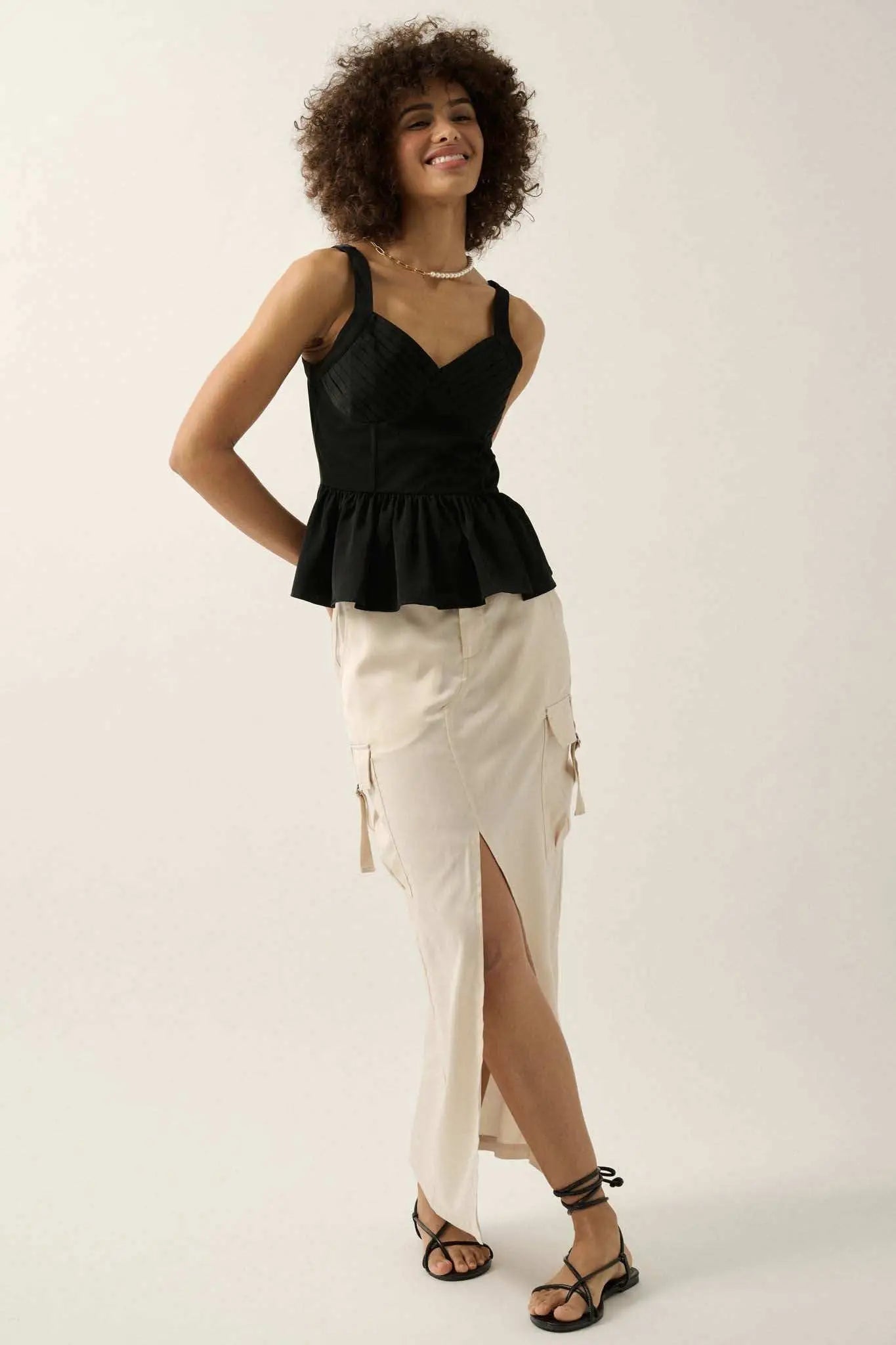Everyday Elegance Pleated Satin Peplum Cami Top