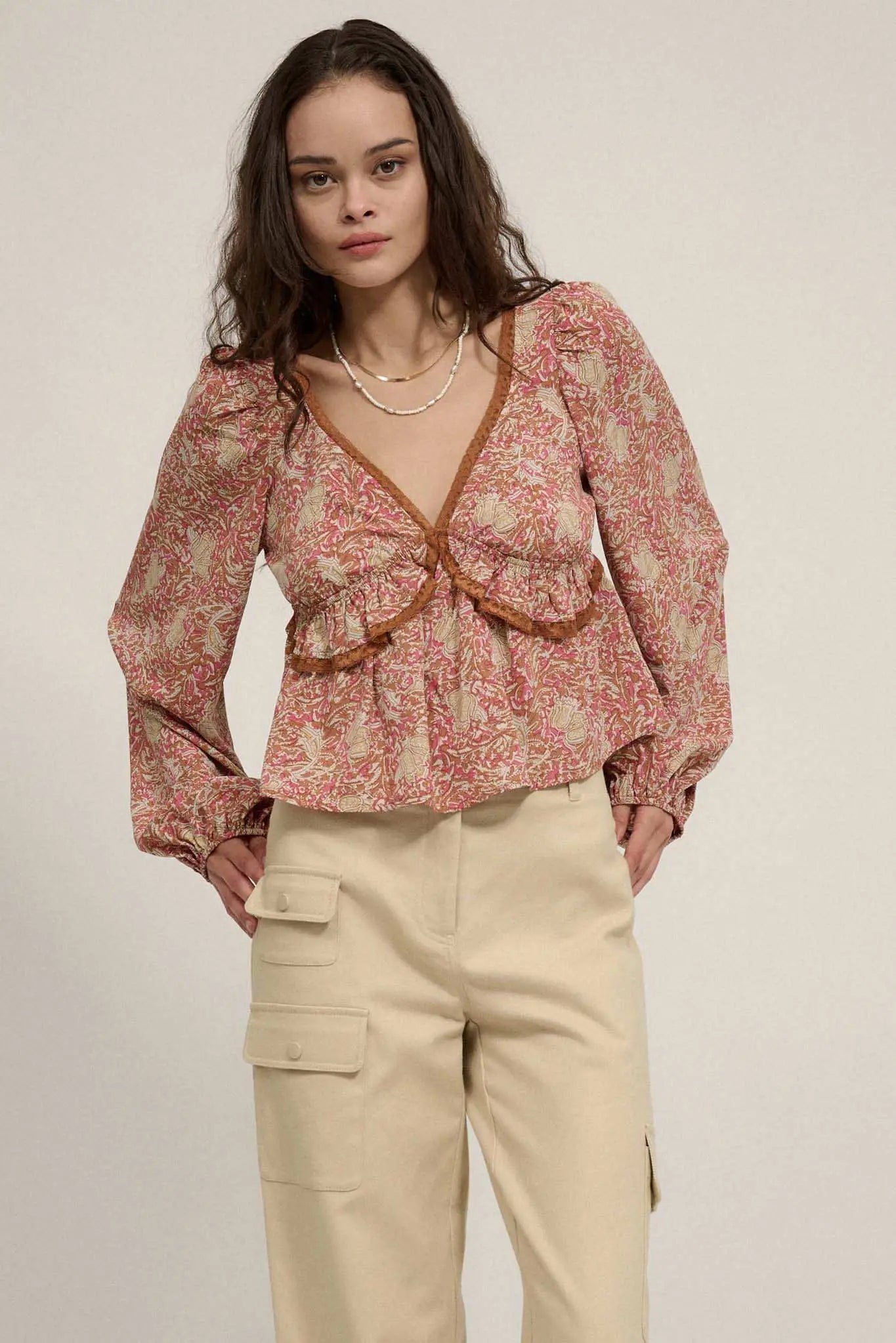 Ornate Blooms Lace-Trimmed Floral Peasant Top