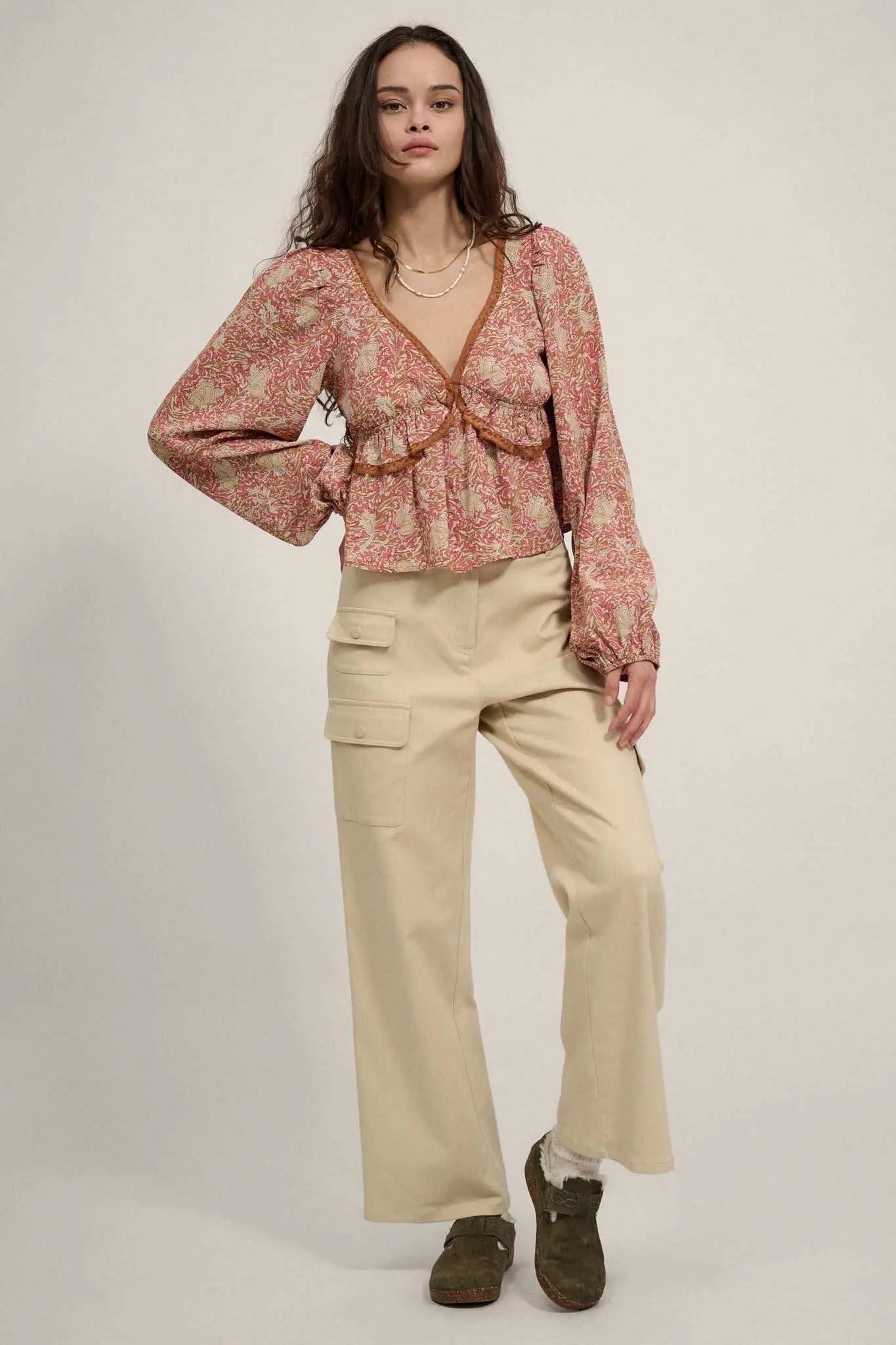 Ornate Blooms Lace-Trimmed Floral Peasant Top