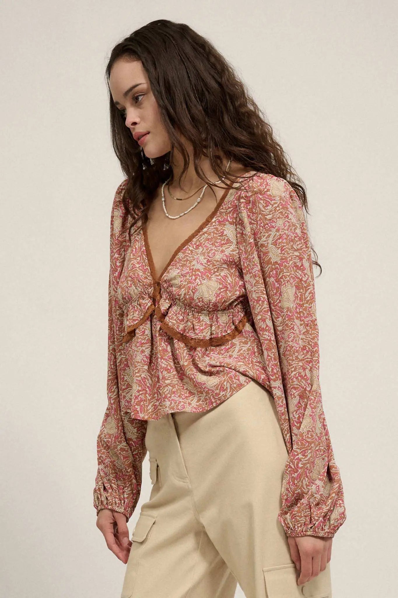 Ornate Blooms Lace-Trimmed Floral Peasant Top