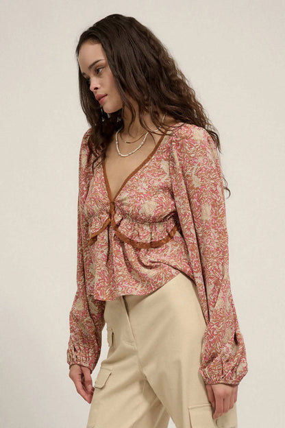 Ornate Blooms Lace-Trimmed Floral Peasant Top