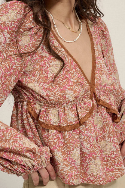Ornate Blooms Lace-Trimmed Floral Peasant Top