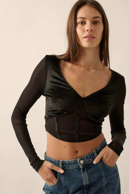 After Dark Velvet and Mesh Cropped Corset Top