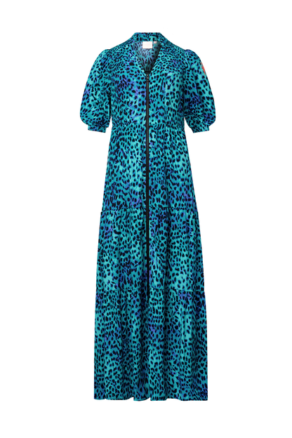 Turquoise with Blue Cheetah Zip Front Midi Tiered Dress
