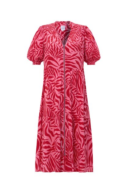 Pink and Red Palm Zip Detail Tiered Short Dress